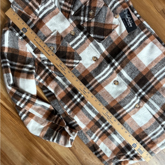 CoffeeShop New York Plaid Shirt Jacket Shacket Brown Neutral Button Front Large - Picture 8 of 8